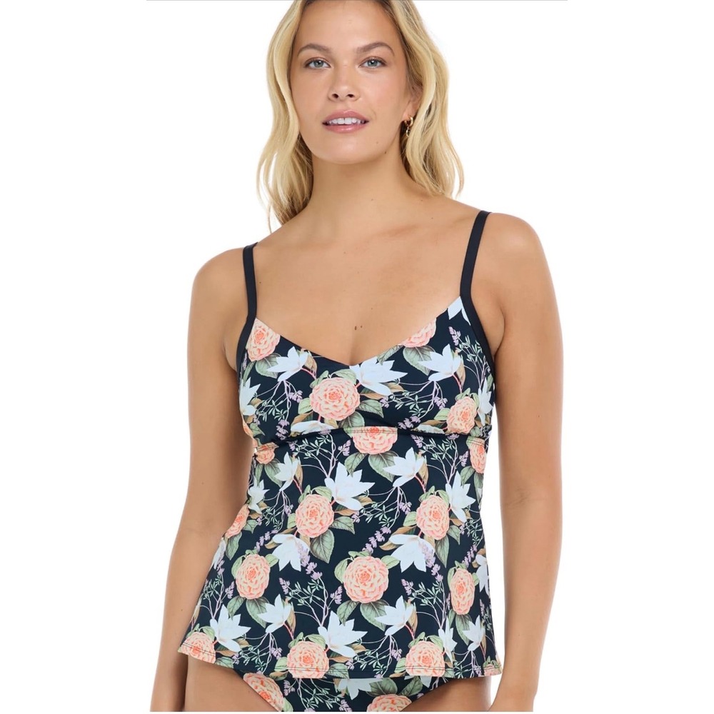 Skye Piper Floral Tankini Top Black Peach Rose Swimwear XS